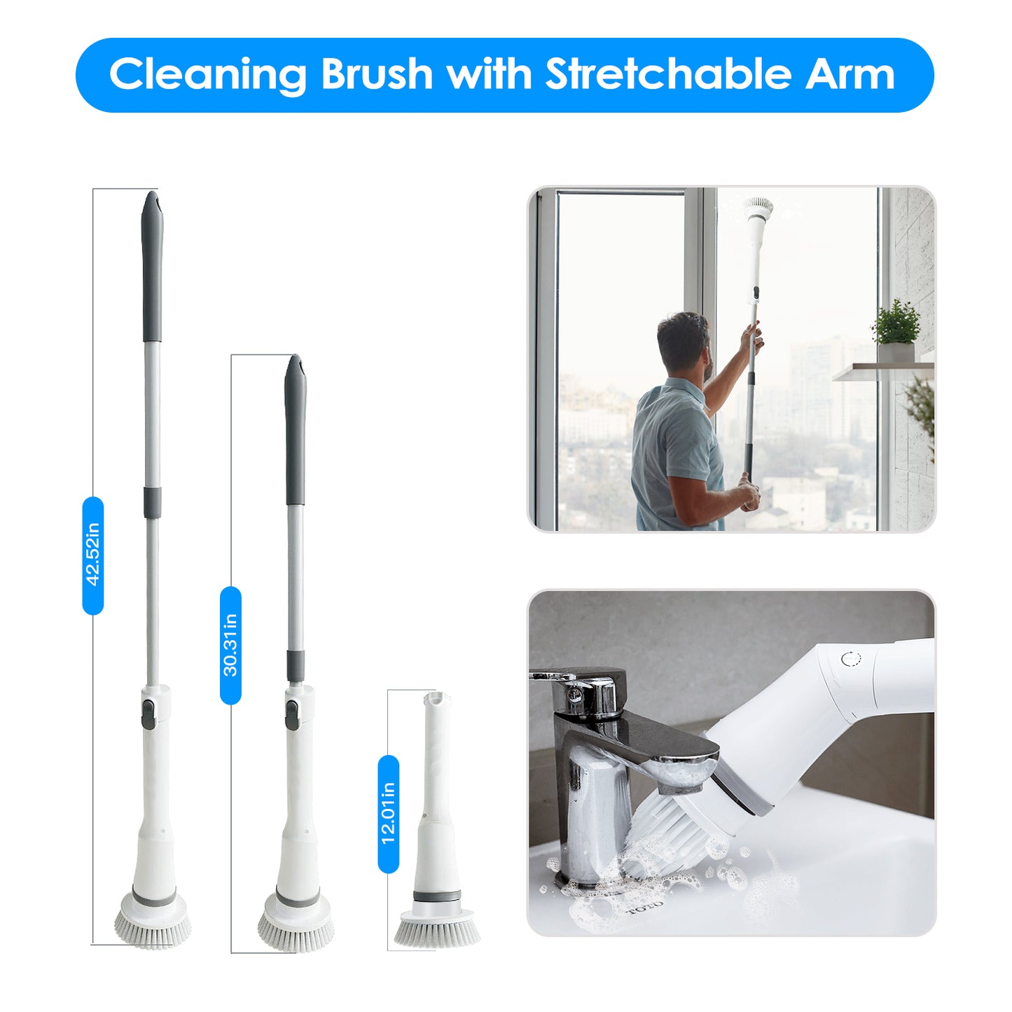 Electric Spin Scrubber with Long Handle – Cordless Bathroom Cleaning Brush with 6 Replaceable Heads
