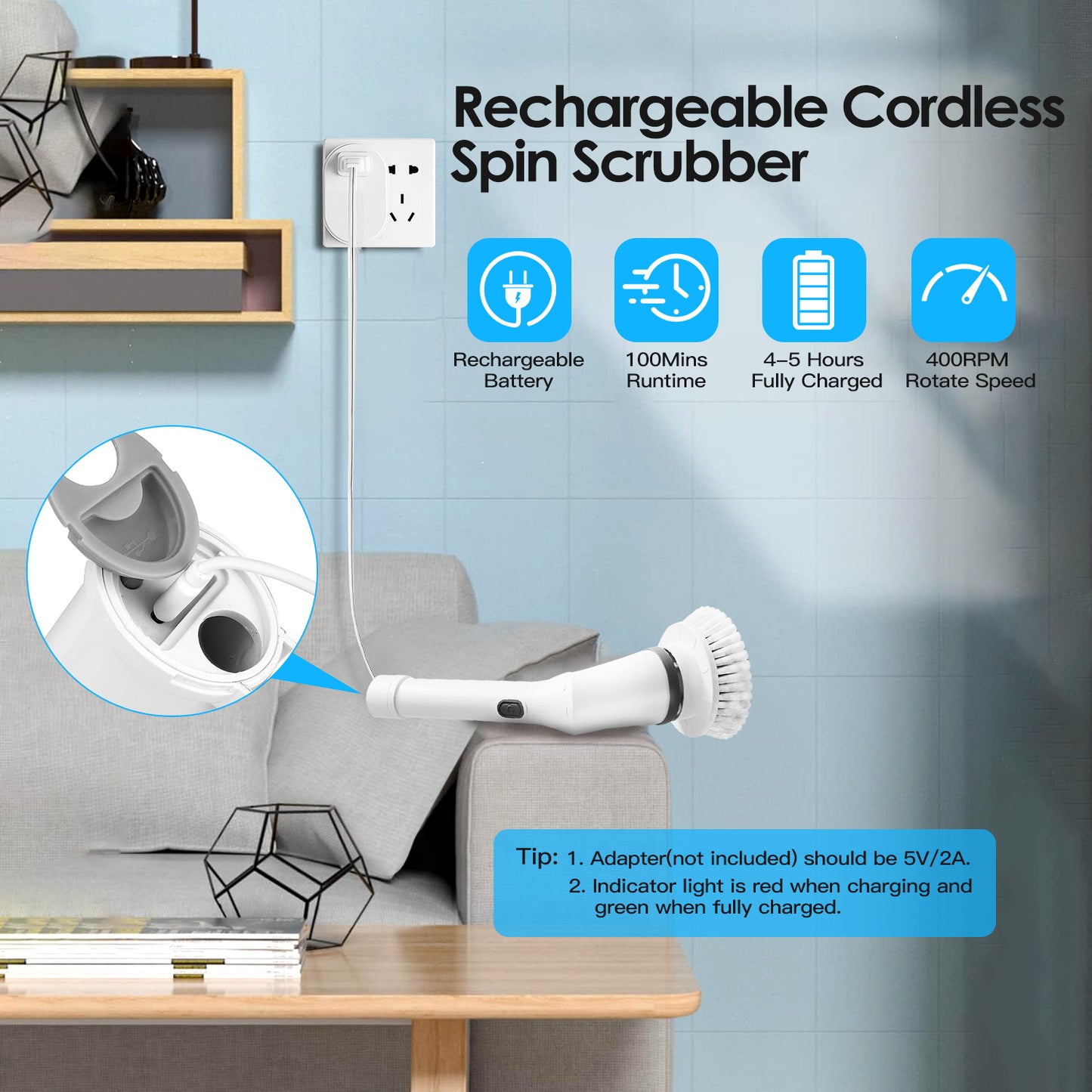 Electric Spin Scrubber with Long Handle – Cordless Bathroom Cleaning Brush with 6 Replaceable Heads