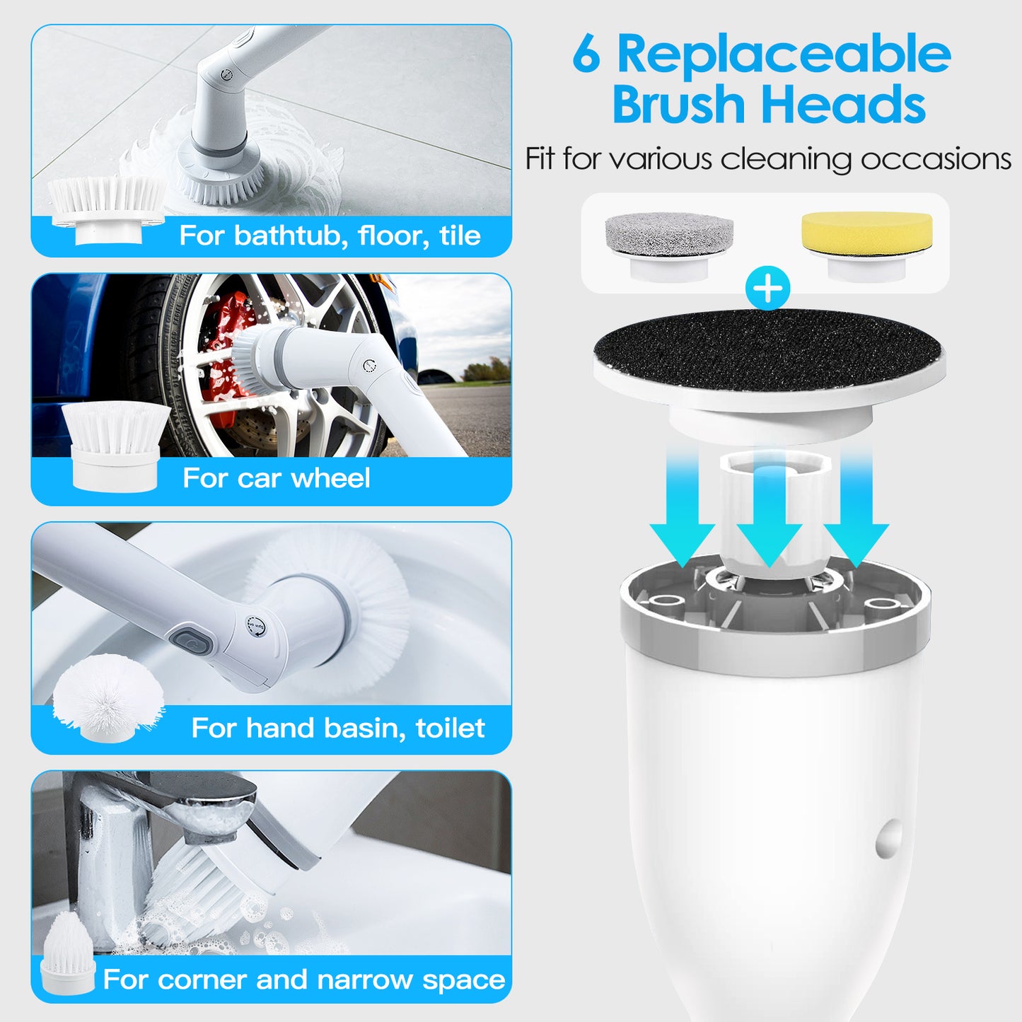 Electric Spin Scrubber with Long Handle – Cordless Bathroom Cleaning Brush with 6 Replaceable Heads