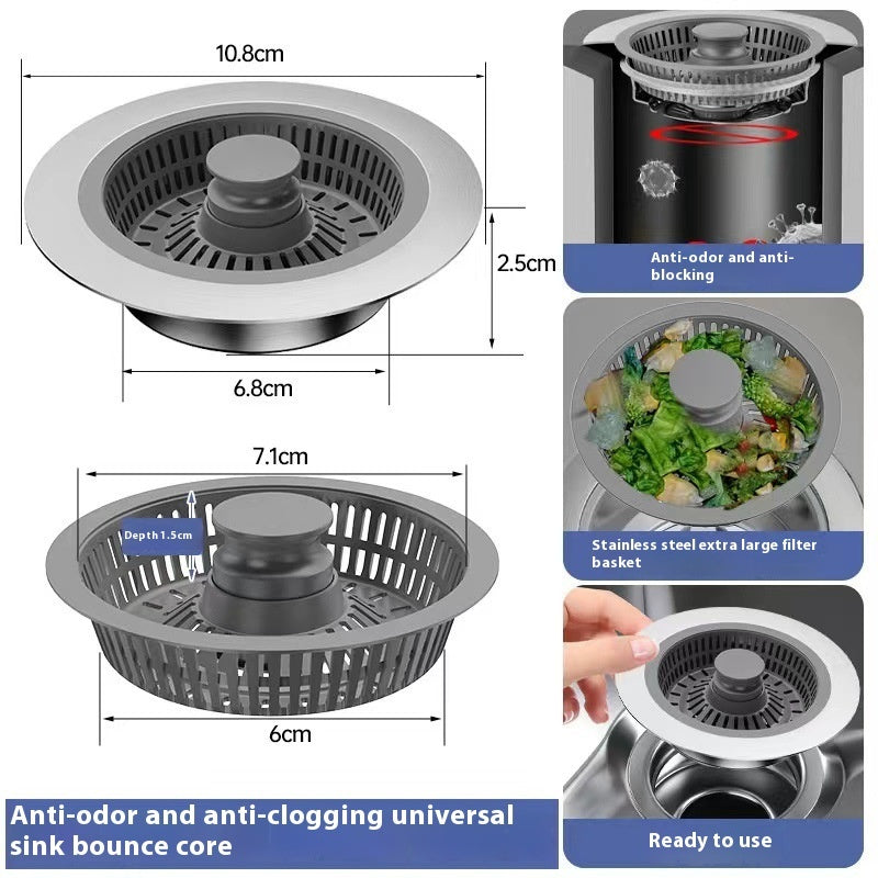 Stainless Steel Sink Drain Strainer – Kitchen Anti-Clog Sink Stopper with Bounce Core