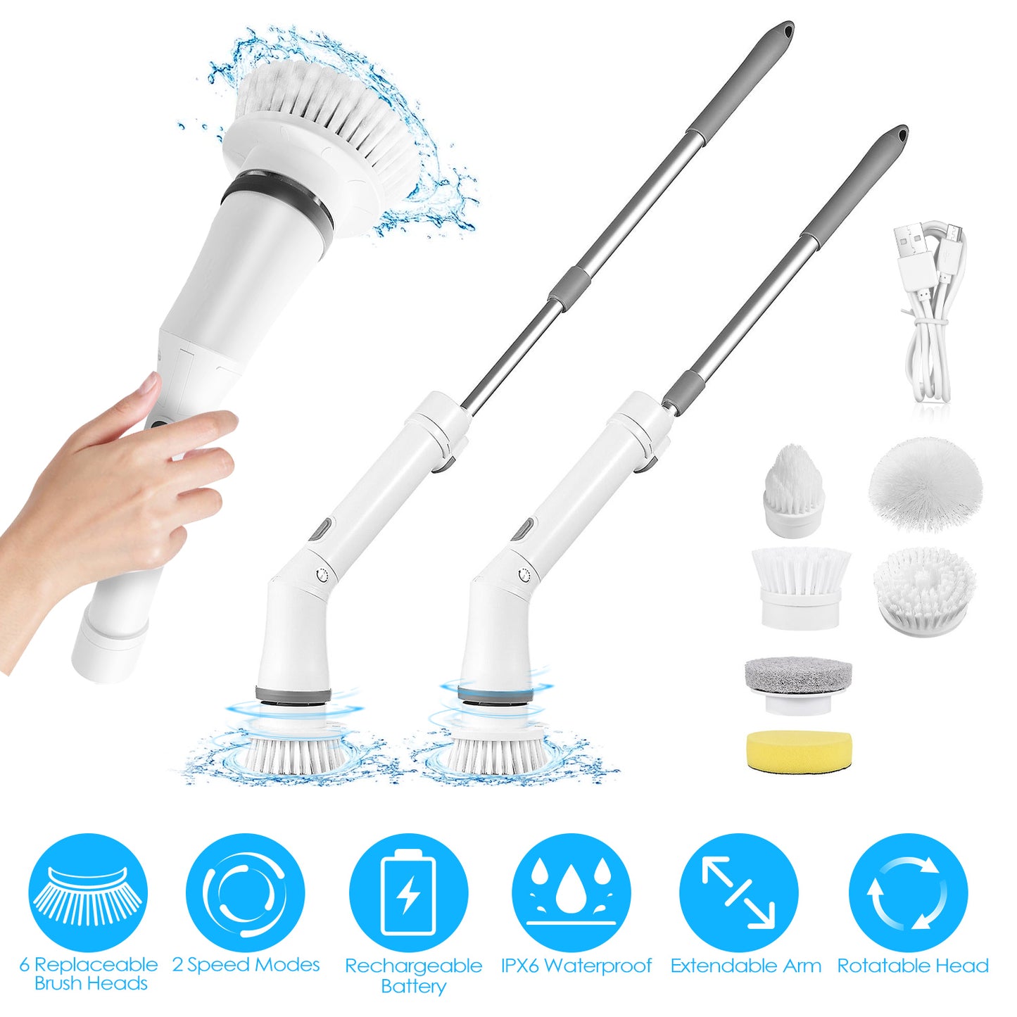 Electric Spin Scrubber with Long Handle – Cordless Bathroom Cleaning Brush with 6 Replaceable Heads