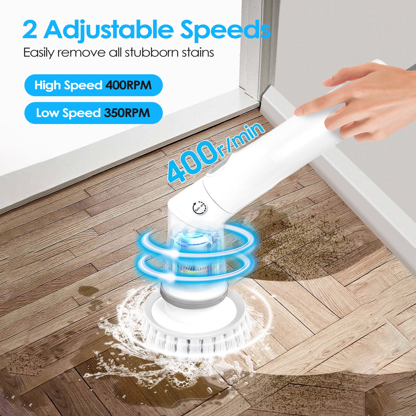 Electric Spin Scrubber with Long Handle – Cordless Bathroom Cleaning Brush with 6 Replaceable Heads