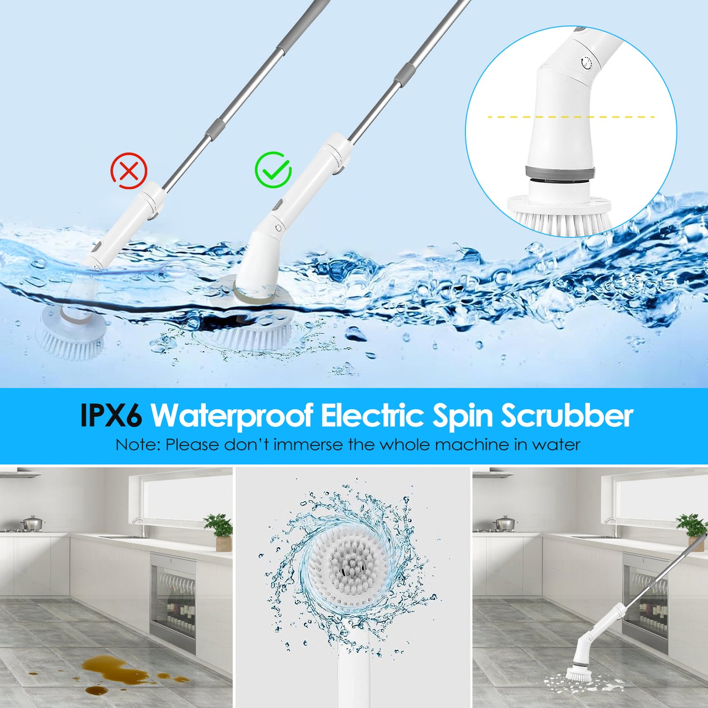 Electric Spin Scrubber with Long Handle – Cordless Bathroom Cleaning Brush with 6 Replaceable Heads